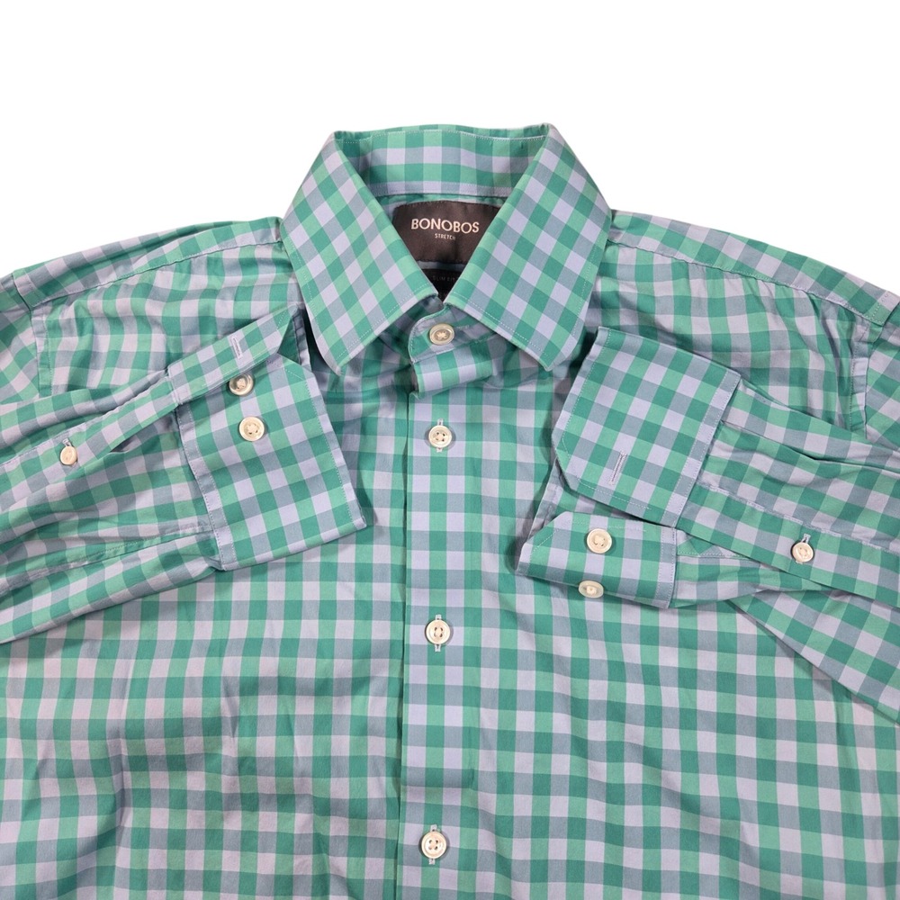 Bonobos Shirt Mens 15.5 34 Green Gingham Stretch Slim Fit Long Sleeve Cotton